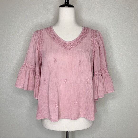 Rachel Zoe Boho Pink Embroidered Flared Sleeves Top - Picture 1 of 12